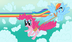 Size: 2080x1216 | Tagged: safe, artist:thatcreepybird, pinkie pie, rainbow dash, earth pony, pegasus, pony, g4, duo, female, flying, rope
