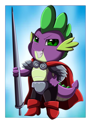 Size: 2350x3109 | Tagged: safe, artist:pridark, spike, dragon, g4, armor, boots, cape, clothes, commission, high res, knight, knight spike, lance, male, shoes, simple background, smiling, solo, spear, weapon