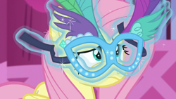 Size: 1000x563 | Tagged: safe, screencap, fluttershy, pegasus, pony, g4, scare master, season 5, cute, female, frown, implied rarity, magic, mare, mask, masquerade mask, offscreen character, shyabetes, solo, sparkles, telekinesis, unsure