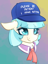 Size: 1496x1996 | Tagged: safe, artist:witchtaunter, coco pommel, earth pony, pony, g4, autism, autistic coco, bust, chest fluff, clothes, cocobetes, collar, commission, cute, ear fluff, eyebrows, eyebrows visible through hair, female, floppy ears, gradient background, hat, headcanon, looking up, necktie, nervous, nervous smile, please be patient i have autism, portrait, smiling, solo