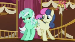 Size: 1000x563 | Tagged: safe, screencap, bon bon, lyra heartstrings, sweetie drops, earth pony, pony, unicorn, g4, season 5, slice of life (episode), adorabon, amused, bon bon is amused, butt bump, butt to butt, butt touch, cute, duo, duo female, female, happy, lyrabetes, mare, smiling