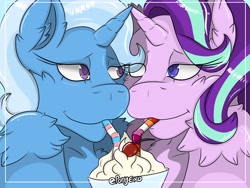 Size: 2048x1536 | Tagged: safe, artist:ponyexo, starlight glimmer, trixie, pony, unicorn, g4, cherry, female, food, horn, horns are touching, lesbian, lesbian pride flag, lidded eyes, looking at each other, looking at someone, pride, pride flag, sharing a drink, ship:startrix, shipping, smiling, trans trixie, transgender, transgender pride flag, whipped cream
