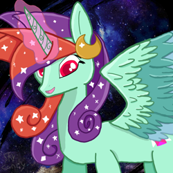 Size: 600x600 | Tagged: safe, artist:skycandy, oc, oc only, oc:skycandy, alicorn, pony, alicorn oc, female, glowing, glowing horn, horn, moon, smiling, solo, spread wings, wings
