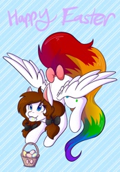 Size: 1423x2048 | Tagged: safe, artist:mscolorsplash, oc, oc only, oc:color splash, pegasus, pony, abstract background, basket, bow, easter, easter egg, female, happy easter, holiday, hoof hold, mare, mouth hold, rainbow tail, solo, tail, tail bow