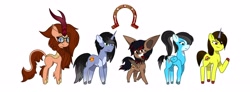 Size: 3894x1440 | Tagged: safe, artist:ragedox, oc, oc:blazing smart, oc:madness shock, oc:madshy, oc:magnum, oc:rouse black, oc:shainer shrapnel shock, bat pony, horse, hybrid, kirin, pegasus, pony, unicorn, g5, my little pony: tell your tale, bat pony oc, doom, doom equestria, equestria doom, height difference, long tail, looking at you, nerd, ponytail, short tail, show accurate, shy, small, smiling, tail, tall, tell your tale accurate, vector