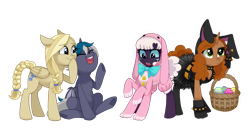 Size: 1850x979 | Tagged: safe, artist:toxiccolour, oc, oc only, oc:cornflower meadow, oc:elizabat stormfeather, oc:kerttu, oc:lilith(toxiccolour), alicorn, bat pony, bat pony alicorn, monster pony, original species, pegasus, pony, spider, spiderpony, unicorn, alicorn oc, animal, animal costume, basket, bat pony oc, bat wings, belt, bowtie, bunny costume, bunny ears, choker, clothes, confused, costume, ear piercing, easter, easter basket, easter bunny, easter egg, egg, eyes closed, eyeshadow, fangs, female, freckles, gloves, goth, holiday, hood, horn, jacket, laughing, leather, leather jacket, makeup, mare, multiple eyes, multiple limbs, piercing, ponified, ponified oc, raised hoof, simple background, sitting, skirt, socks, spiked choker, spiked wristband, stifling laughter, stockings, thigh highs, transparent background, wings, wristband