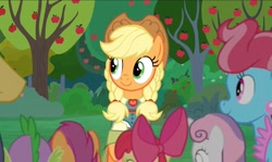 Size: 2037x1214 | Tagged: safe, screencap, apple bloom, applejack, cup cake, scootaloo, spike, sweetie belle, dragon, earth pony, pegasus, pony, unicorn, g4, the big mac question, alternate hairstyle, apple, apple tree, applejack's country dress, braid, clothes, cute, dress, formal wear, happy, jackabetes, odd one out, orchard, pigtails, rear view, smiling, sweet apple acres, tree
