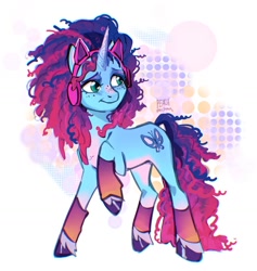 Size: 1257x1324 | Tagged: safe, artist:peachmichea, misty brightdawn, pony, unicorn, g5, bridlewoodstock, clothes, cornrows, female, freckles, headphones, leg warmers, mare, raised hoof, rebirth misty, slender, smiling, solo, thin, toy interpretation