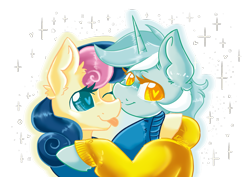 Size: 2480x1754 | Tagged: safe, artist:dankpegasista, derpibooru exclusive, bon bon, lyra heartstrings, sweetie drops, earth pony, pony, unicorn, g4, :p, amused, best friends, blue eyes, bon bon is amused, clothes, colored eyelashes, colored pupils, cuddling, curly hair, cute, duo, duo female, ear fluff, eyelashes, female, heart, heart eyes, highlights, hoodie, horn, hug, lesbian, long eyelashes, looking at you, lyra is amused, lyrabetes, outline, png, shading, shiny mane, ship:lyrabon, shipping, signature, simple background, smiling, smiling at you, sparkles, sweater, tongue out, transparent background, two toned mane, wingding eyes, yellow eyes, yellow fur
