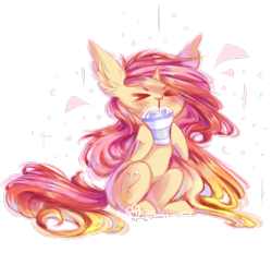 Size: 1587x1472 | Tagged: safe, artist:prettyshinegp, oc, oc only, oc:pretty shine, pony, unicorn, ><, chibi, cute, drink, eyes closed, female, hoof hold, horn, mare, ocbetes, simple background, solo, transparent background, unicorn oc