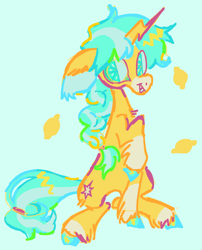 Size: 768x952 | Tagged: safe, artist:peaceandlove26, citrine spark, pony, unicorn, g4, blue background, braid, chest fluff, coat markings, colored muzzle, ear fluff, food, friendship student, lemon, light blue background, looking at you, raised hoof, simple background, sitting, socks (coat markings), solo, unshorn fetlocks