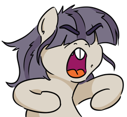 Size: 698x641 | Tagged: safe, artist:jargon scott, oc, oc only, oc:dot matrix, earth pony, pony, angry, bucktooth, bust, cute, eyebrows, eyebrows visible through hair, female, hair over eyes, madorable, mare, mole, open mouth, simple background, solo, white background, yelling