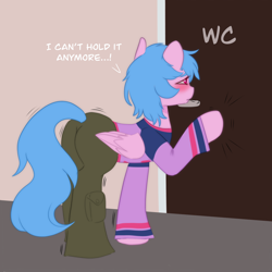 Size: 2048x2048 | Tagged: safe, artist:vaiola, oc, oc only, alicorn, pony, advertisement, alicorn oc, bathroom, blushing, butt, cargo pants, clothes, commission, desperation, door, embarrassed, eyebrows, female, fetish, floor, full body, high res, hockey jersey, horn, knocking, mare, need to pee, not izzy moonbow, omorashi, pants, plot, potty emergency, potty time, room, shaking, shivering, simple background, solo, speech, speech bubble, standing, sweater, tail, tail hole, talking, text, toilet, wings