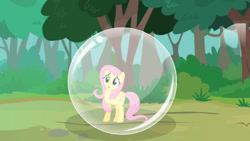 Size: 1191x671 | Tagged: safe, artist:rebelsuperstar, fluttershy, pegasus, pony, g4, bubble, cute, female, fluttershy trapped in a bubble, forest, in bubble, shyabetes, tree