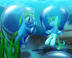 Size: 997x801 | Tagged: safe, artist:bladedragoon7575, oc, oc only, oc:balance blade, oc:delphina depths, earth pony, pony, bubble, cute, in bubble, male, ocean, seaquestria, seaweed, trap (device), trapped, underwater, water