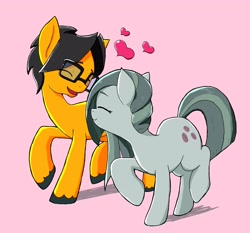 Size: 3344x3113 | Tagged: safe, artist:a.s.e, marble pie, oc, oc:a.s.e, earth pony, pony, g4, canon x oc, couple, duo, female, glasses, happy, heart, high res, love, male, mare, pink background, ponysona, shipping, simple background, stallion, straight, together