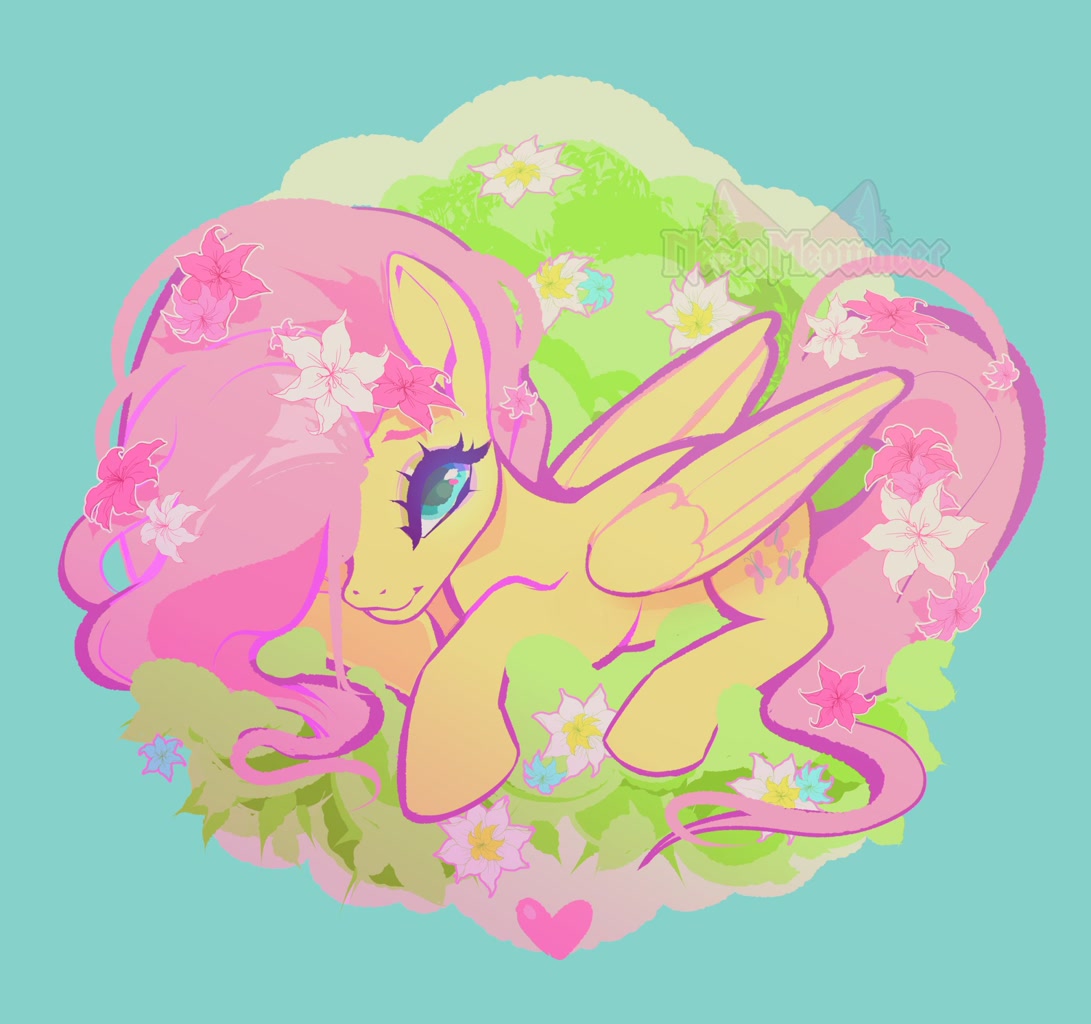 [cute,female,flower,flower in hair,fluttershy,grass,pegasus,pony,safe,simple background,solo,lying down,shyabetes,smiling,hair over one eye,artist:necromeowncer]