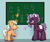 Size: 2600x2200 | Tagged: safe, artist:dumbwoofer, peach fizz, violette rainbow, pony, unicorn, g5, butt, chalk, chalkboard, cool s, drawing, dreadlocks, duo, female, filly, foal, glowing, glowing horn, high res, horn, loss (meme), magic, magic aura, missing accessory, open mouth, pippsqueaks, plot, raised hoof, telekinesis, unshorn fetlocks, violettebetes, vitiligo