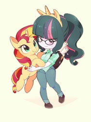 Size: 1490x1980 | Tagged: safe, artist:cheesesauce_45, sci-twi, sunset shimmer, twilight sparkle, human, pony, unicorn, equestria girls, g4, backpack, chibi, fake ears, female, holding a pony, mare, plushie, simple background, solo, sweat, yellow background