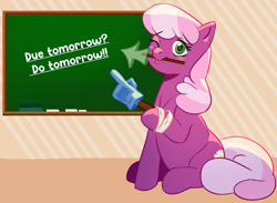 Size: 2344x1717 | Tagged: safe, artist:applephil, cheerilee, earth pony, pony, g4, arrow, chalkboard, female, foam finger, looking at you, mare, one eye closed, sitting, smiling, smiling at you, solo, text, wink, winking at you