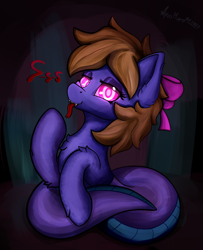 Size: 2200x2704 | Tagged: safe, artist:aquamuro, oc, oc only, lamia, original species, pony, snake, snake pony, :p, bedroom eyes, bow, chest fluff, cute, cute little fangs, ear fluff, eyeshadow, fangs, female, fluffy, forked tongue, hair bow, high res, hypno eyes, hypnosis, lineart, looking at you, makeup, mare, open mouth, pink eyes, prehensile tail, raised hoof, seductive look, signature, simple background, smug, smug smile, snake tail, solo, tail, tail hold, text, tongue out
