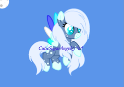 Size: 781x548 | Tagged: safe, artist:sugarisweetlolita, oc, oc:blueberry cupcake wishes, pegasus, pony, base used, blue background, colored wings, female, fluffy mane, freckles, gray mane, mare, mottled coat, multicolored wings, pegasus oc, signature, simple background, two toned coat, wings
