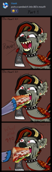 Size: 333x1102 | Tagged: safe, artist:firehearttheinferno, artist:luciothelucario, part of a set, oc, oc only, oc:bg, oc:bloody gash, oc:hawker hurricane, oc:ruby blood, hybrid, pony, zebra, zony, >:d, angry, bg is not amused, biting, black hooves, black mane, blaze (coat marking), coat markings, comic, confused, crying, cute, digital art, discord (program), ear piercing, earring, engraving, evil rarity, ex-raider, exclamation point, facial markings, facial scar, fallout equestria oc, fangs, female, fierce, filly, foal, food, force feeding, fry brains, funny, gray coat, grin, growling, hatchet, highlights, hoof hold, hooves, jewelry, leather, leather straps, looking at someone, male, mohawk, muffled words, multicolored hair, multicolored mane, onomatopoeia, personal space invasion, piercing, punk, question mark, raised tail, rawr, red eyes, sandwich, scar, sharp teeth, shaved mane, shocked, shocked expression, shoving, signature, silly, simple background, smiling, stallion, stripes, tail, tears of joy, teary eyes, teenager, teeth, this will end in death, this will end in tears, this will end in tears and/or death, weapon, wood, zebra oc, zony oc