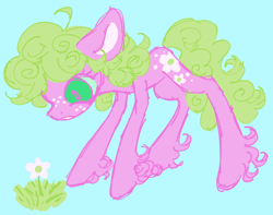 Size: 952x750 | Tagged: safe, artist:webkinzworldz, daisy, flower wishes, earth pony, pony, g4, ahoge, blue background, colored sclera, flower, freckles, grass, green eyes, light blue background, looking at something, simple background, solo, standing, unshorn fetlocks