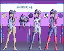 Size: 2500x2000 | Tagged: safe, artist:devillustart, oc, oc:nurse moon song(fire), human, equestria girls, g4, boots, clothes, fireheart76's latex suit design, gloves, high res, latex, latex gloves, latex suit, nurse, nurse outfit, prisoners of the moon, reference sheet, rubber, rubber boots, rubber gloves, rubber suit, shoes, socks, thigh boots, thigh highs