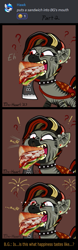 Size: 333x1071 | Tagged: safe, artist:firehearttheinferno, artist:luciothelucario, part of a set, oc, oc only, oc:bg, oc:bloody gash, oc:hawker hurricane, oc:ruby blood, hybrid, pony, zebra, zony, biting, bread, comic, confused, crying, dialogue, digital art, discord (program), drool, ear piercing, engraving, exclamation point, facial scar, fallout equestria oc, fangs, female, filly, fireworks, foal, food, force feeding, happy, happy ending, hatchet, highlights, hungry, jewelry, leather, leather straps, lettuce, licking, looking at someone, meat, mohawk, multicolored hair, multicolored mane, offscreen character, piercing, pleased, ponies eating meat, question mark, raised tail, red eyes, sandwich, scar, sharp teeth, shaved mane, shocked, signature, silly, simple background, sniffing, sniffling, solo, sparkly eyes, surprised, tail, tears of joy, teary eyes, teenager, teeth, thinking, tongue out, weapon, wingding eyes, zebras eating meat, zonies eating meat, zony oc