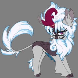 Size: 821x818 | Tagged: safe, artist:jennithedragon, oc, oc only, oc:windshear, kirin, big ears, blue mane, cloven hooves, colored sketch, ear fluff, gift art, glasses, gray background, gray coat, hoof fluff, kirin oc, leonine tail, looking at you, scales, simple background, sketch, solo, standing, tail, white mane