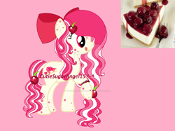 Size: 1024x765 | Tagged: safe, artist:sugarisweetlolita, oc, earth pony, pony, base used, bow, cherry, deviantart watermark, earth pony oc, female, food, freckles, gradient mane, hair bow, hairpin, mare, mottled coat, obtrusive watermark, photo, pink background, pink mane, simple background, tongue out, two toned coat, watermark, yellow coat