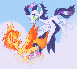 Size: 1122x1000 | Tagged: safe, artist:webkinzworldz, soarin', spitfire, pegasus, pony, g4, asexual, asexual pride flag, bracelet, clothes, cloud, colored hooves, colored wings, colored wingtips, duo, ear tufts, female, flying, green eyes, hoof polish, jewelry, leg warmers, looking at each other, looking at someone, male, mare, multicolored wings, open mouth, orange eyes, pride, pride flag, rainbow flag, spread wings, stallion, trans female, trans male, transgender, transgender pride flag, unshorn fetlocks, wings