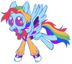 Size: 924x821 | Tagged: safe, artist:webkinzworldz, rainbow dash, snowdash, pegasus, pony, a hearth's warming tail, g4, :d, asexual, asexual pride flag, bowtie, clothes, colored wings, cute, cute little fangs, fangs, flying, magenta eyes, multicolored wings, open mouth, open smile, pride, pride flag, shirt, simple background, smiling, solo, spread wings, starry eyes, vest, white background, wingding eyes, wings