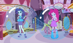 Size: 1228x720 | Tagged: safe, artist:dustinwatsongkx, edit, pinkie pie, rarity, human, equestria girls, g4, bubble, carousel boutique, duo, female, in bubble, rarity peplum dress, trapped