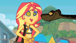 Size: 1920x1080 | Tagged: safe, artist:ocean lover, edit, edited screencap, screencap, sunset shimmer, human, python, snake, equestria girls, equestria girls specials, g4, my little pony equestria girls: better together, my little pony equestria girls: forgotten friendship, absurd file size, animated, bag, bare shoulders, beach, belly button, bikini, bikini top, clothes, crossed arms, disney, edited gif, geode of empathy, gif, hand on hip, hill, hypno eyes, hypnosis, hypnotized, kaa, kaa eyes, lidded eyes, looking at each other, looking at someone, magical geodes, midriff, open mouth, outdoors, sarong, sky, swimsuit, the jungle book, tree, youtube link