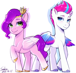 Size: 2310x2205 | Tagged: safe, artist:xiaowu07, pipp petals, zipp storm, pegasus, pony, g5, adorapipp, adorazipp, colored wings, crown, cute, diadem, drop shadow, duo, ear piercing, earring, eye clipping through hair, eyebrows, eyebrows visible through hair, female, folded wings, high res, jewelry, looking at each other, looking at someone, looking at you, mare, multicolored wings, partially open wings, piercing, raised hoof, regalia, royal sisters (g5), siblings, signature, simple background, sisters, smiling, smiling at you, standing, tiara, white background, wings