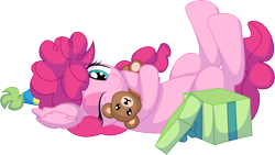 Size: 8474x4775 | Tagged: safe, artist:cyanlightning, pinkie pie, earth pony, pony, g4, .svg available, absurd resolution, box, cute, diapinkes, female, filly, filly pinkie pie, foal, holding, hug, looking at you, lying down, one eye closed, plushie, present, simple background, smiling, solo, teddy bear, transparent background, vector, wink, younger
