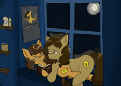 Size: 2100x1500 | Tagged: safe, artist:realnessarae, oc, oc:epiphany thoughts, oc:eureka (thoughts), oc:pebbles roughmare, pony, unicorn, book, calendar, cuddling, glasses, moon, night, reading, shelves, snow, snowpony, window