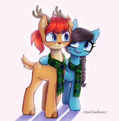 Size: 2800x2840 | Tagged: safe, artist:opal_radiance, oc, oc only, oc:hakon, oc:journey moonshadow, bat pony, deer, pony, bat pony oc, clothes, commission, deer oc, duo, duo male and female, fangs, female, folded wings, freckles, high res, looking at each other, looking at someone, male, mare, non-pony oc, open mouth, open smile, scarf, shadow, side hug, signature, smiling, smiling at each other, striped scarf, wings