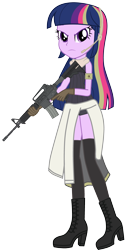 Size: 2144x4096 | Tagged: safe, artist:edy_january, artist:starryshineviolet, edit, vector edit, twilight sparkle, human, equestria girls, g4, action, assault rifle, boots, clothes, costume, female, frown, girl's forntline, girls frontline, gun, high res, jacket, link in description, m4a1, parody, rifle, shoes, simple background, skirt, socks, soldier, solo, t-doll, tactical, tank top, thigh highs, thigh socks, transparent background, trigger discipline, united states, vector, vector used, weapon