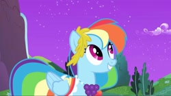 Size: 2160x1213 | Tagged: safe, screencap, rainbow dash, pegasus, pony, g4, my little pony: friendship is magic, the best night ever, alternate hairstyle, at the gala, beautiful, bush, clothes, dress, gala dress, gown, happy, mountain, night, rainbow dash's first gala dress, singing, smiling, solo, stars, tree, water, waterfall