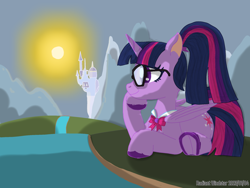 Size: 2048x1536 | Tagged: safe, artist:radiant windstar, twilight sparkle, alicorn, pony, g4, canterlot, glasses, ponytail, river, solo, sunrise, sunset, twilight sparkle (alicorn), water