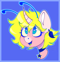 Size: 3445x3545 | Tagged: safe, artist:angie imagines, oc, oc only, oc:angie imagines, alicorn, pony, unicorn, bags under eyes, blue background, choker, curved horn, ear piercing, earring, fluffy hair, green hair, green tongue, heart, heart eyes, high res, horn, jewelry, markings, neon, nonbinary, piercing, simple background, solo, stars, teal eyes, wingding eyes