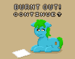 Size: 448x352 | Tagged: safe, artist:valuable ashes, oc, oc:valuable ashes, earth pony, pony, animated, lying down, paper, pixel art, prone, simple background, solo, tired