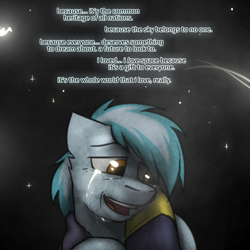 Size: 800x800 | Tagged: safe, artist:captainhoers, spitfire, oc, oc:concorde, pegasus, pony, the sunjackers, g4, bust, crying, dialogue, female, floppy ears, lidded eyes, looking down, mare, mother and child, offscreen character, offspring, parent:soarin', parent:spitfire, parents:soarinfire, solo focus, stars