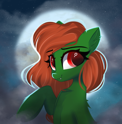 Size: 2480x2516 | Tagged: safe, artist:janelearts, oc, oc:muse, earth pony, pony, undead, vampire, cloud, high res, moon, night, orange mane, red eyes, solo