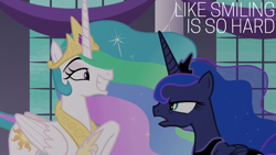 Size: 1920x1080 | Tagged: safe, edit, edited screencap, editor:quoterific, screencap, princess celestia, princess luna, alicorn, pony, a royal problem, g4, angry, argument, crown, duo, duo female, ethereal mane, ethereal tail, fake smile, female, grin, hoof shoes, jewelry, luna is not amused, mare, open mouth, peytral, raised hoof, regalia, royal sisters, siblings, sisters, smiling, tail, tempting fate, unamused