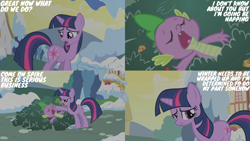 Size: 2000x1125 | Tagged: safe, edit, edited screencap, editor:quoterific, screencap, spike, twilight sparkle, dragon, pony, unicorn, g4, season 1, winter wrap up, bush, ponyville, snow, unicorn twilight