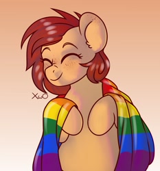 Size: 2316x2487 | Tagged: safe, artist:xwosya, oc, oc only, oc:yuris, pony, ear fluff, eyes closed, female, flag, freckles, gradient background, high res, pride flag, pride month, smiling, solo